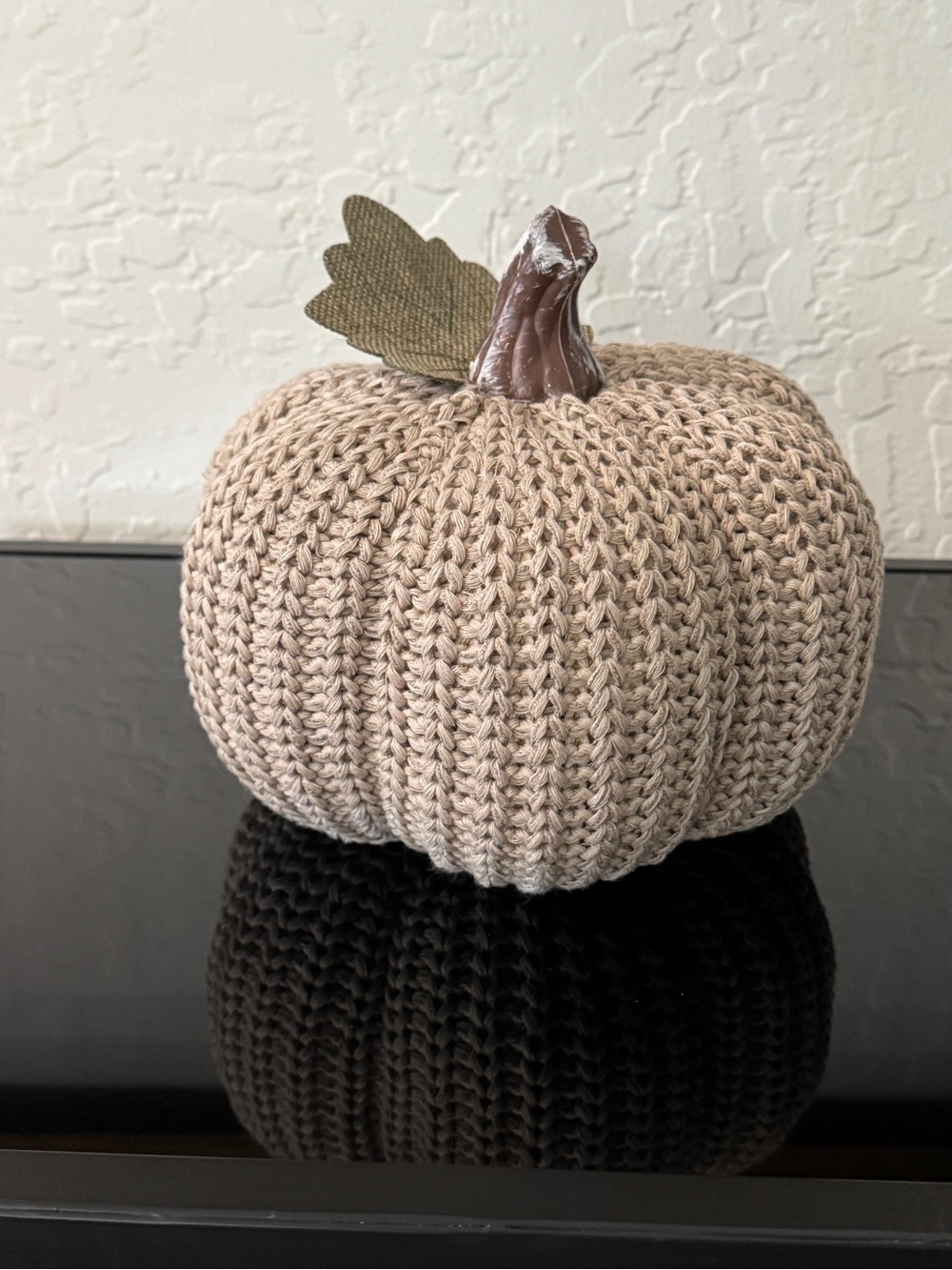 Neutral Knit Decorative Pumpkin with Fabric Leaf